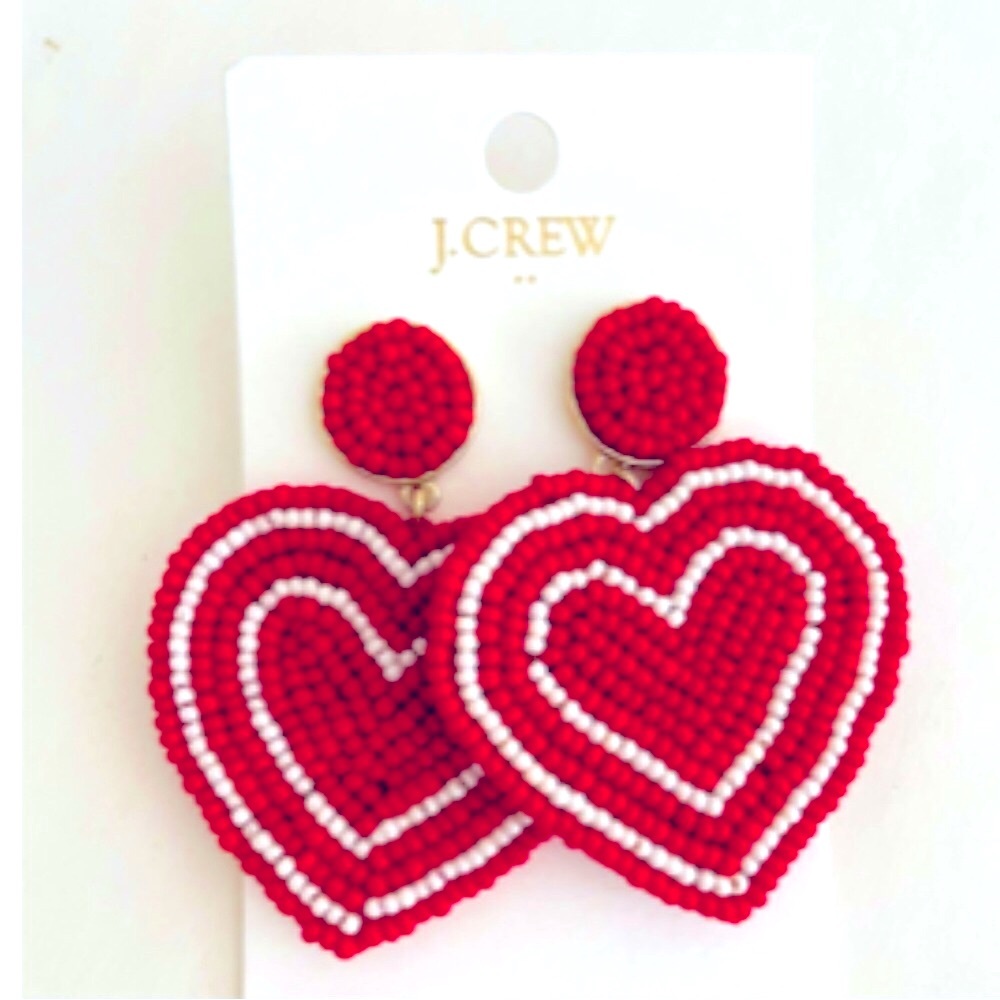 J. CREW FACT, Valentine Beaded Heart Earrings Bright Cerise Red Gold Plated, NWT